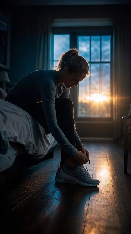 A runner lacing her shoes on the edge of the bed before dawn