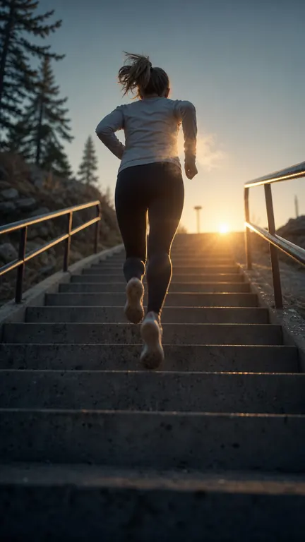 The runner climbing a long flight of outdoor stairs at sunrise
