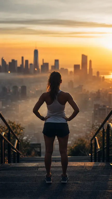 The runner at the top of the stairs, looking out over the city