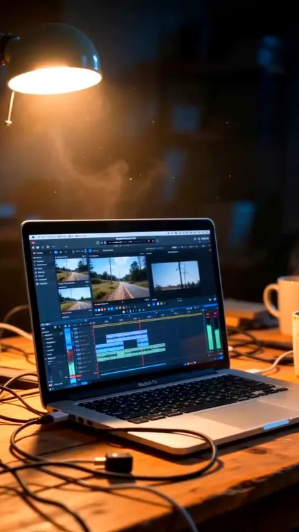 A laptop on a lamp-lit desk with a video timeline open