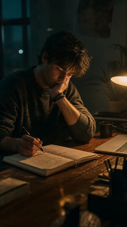 A creator at a desk at night, thinking over a notebook of crossed-out ideas