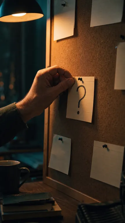 A hand pinning an index card with a question mark to a cork board