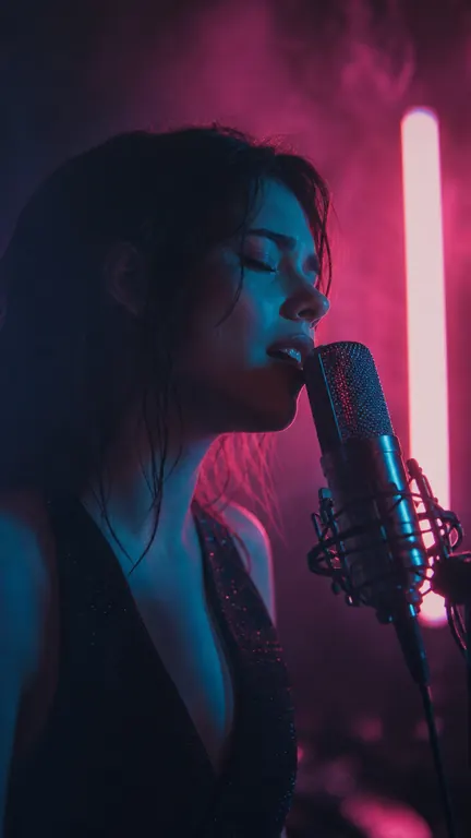 A singer at a vintage microphone under neon light