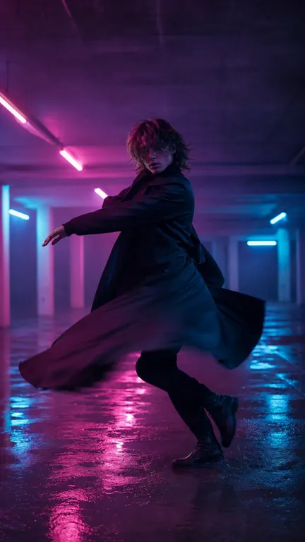 A dancer spinning in a neon-lit parking garage