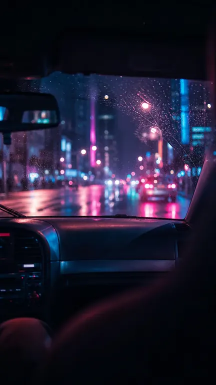 A night drive through the city, rain on the windshield