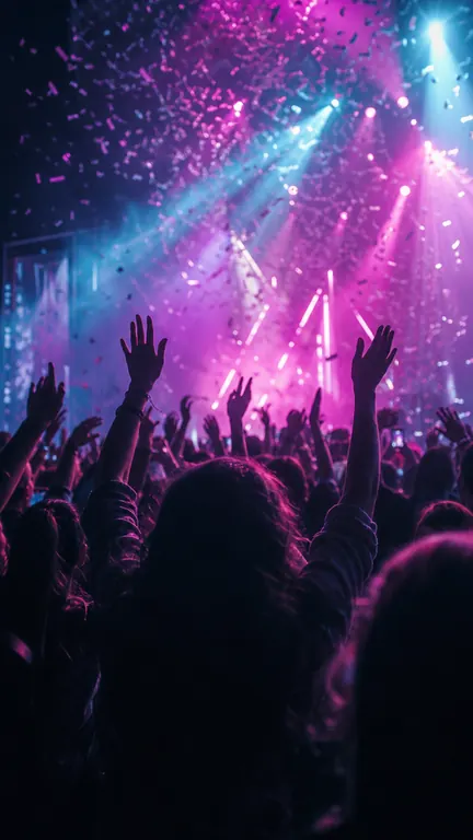 A concert crowd with hands raised under stage lights and confetti