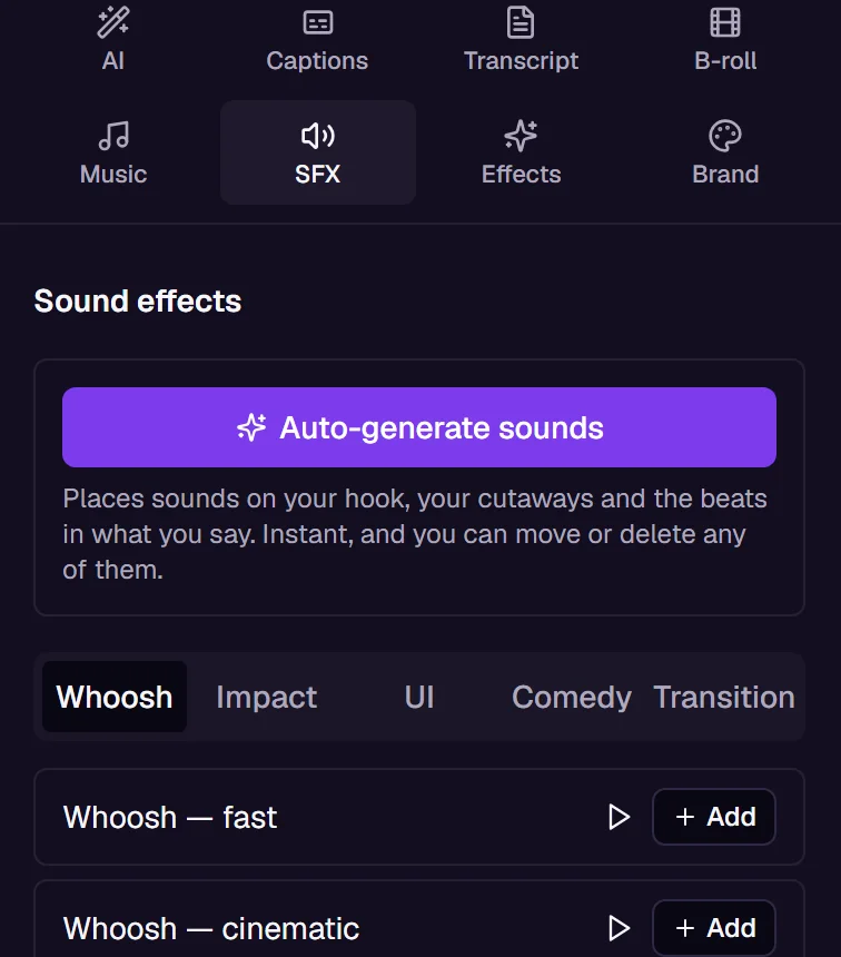 L'onglet SFX avec le bouton Auto-generate sounds au-dessus de la bibliothèque de sons Whoosh.